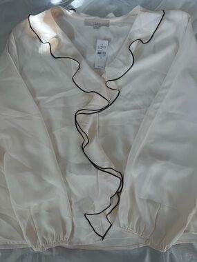 LOFT Cream Ruffle Blouse with Black Piping